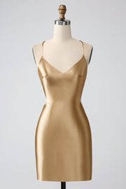 Gold V-Neck Twist-Back Short Homecoming Dress