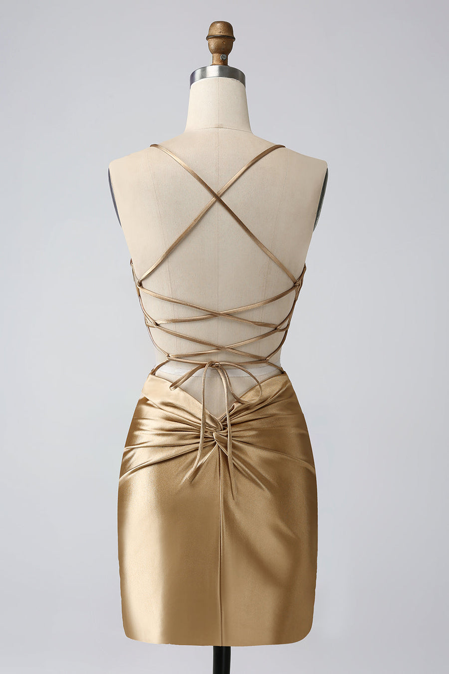 back of Gold V-Neck Twist-Back Short Homecoming Dress