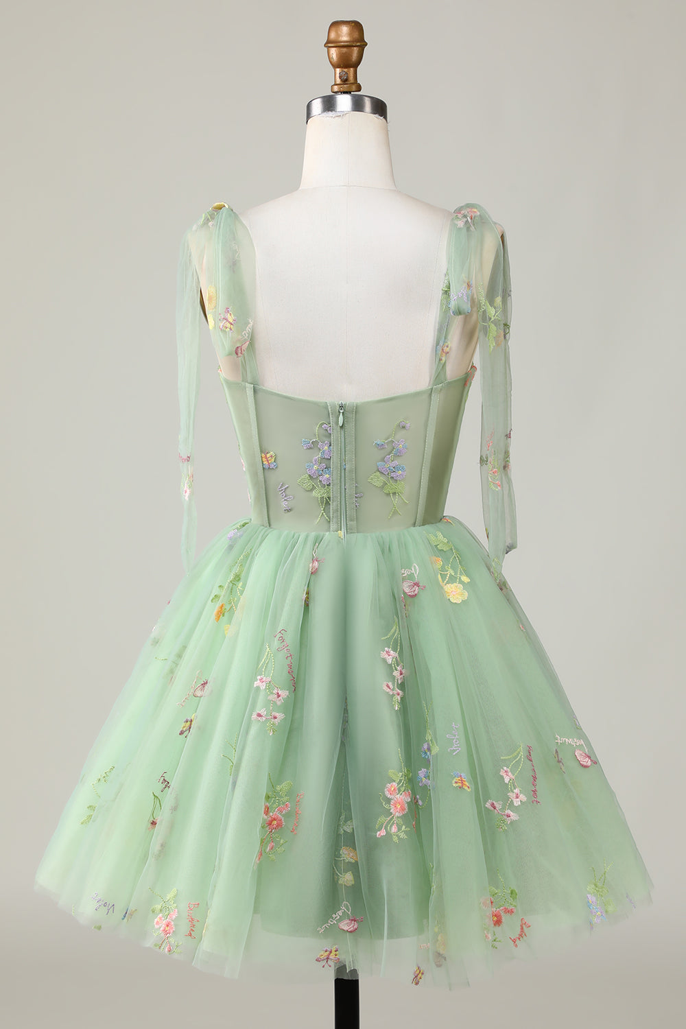 back of Floral Embroidery Sweetheart A-Line Short Party Dress in light green