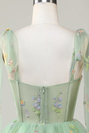 back of Floral Embroidery Sweetheart A-Line Short Party Dress in light green