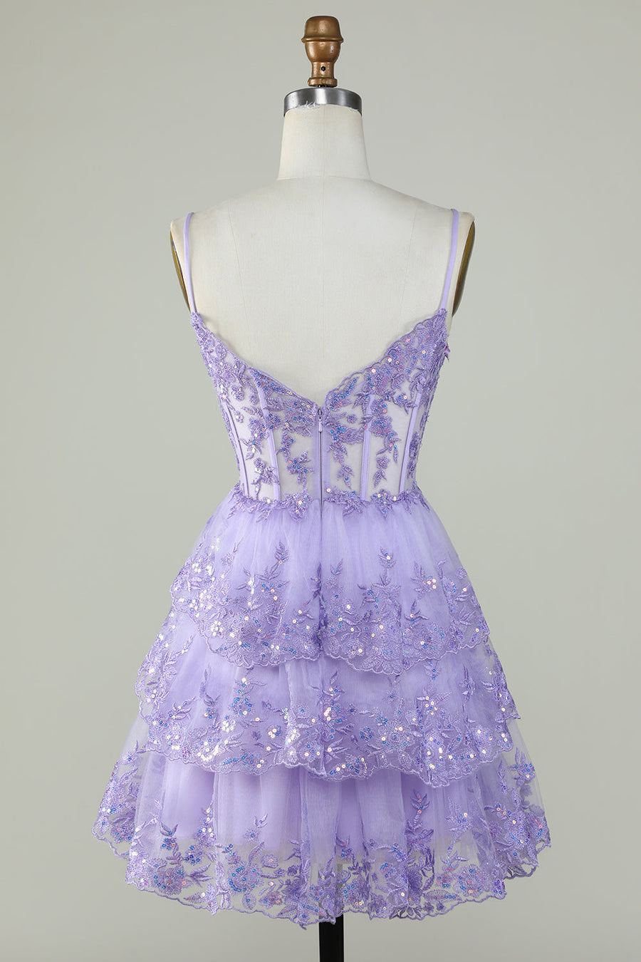 back of Glitter Lace Corset Ruffle Tiered Short Homecoming Dress in lavender