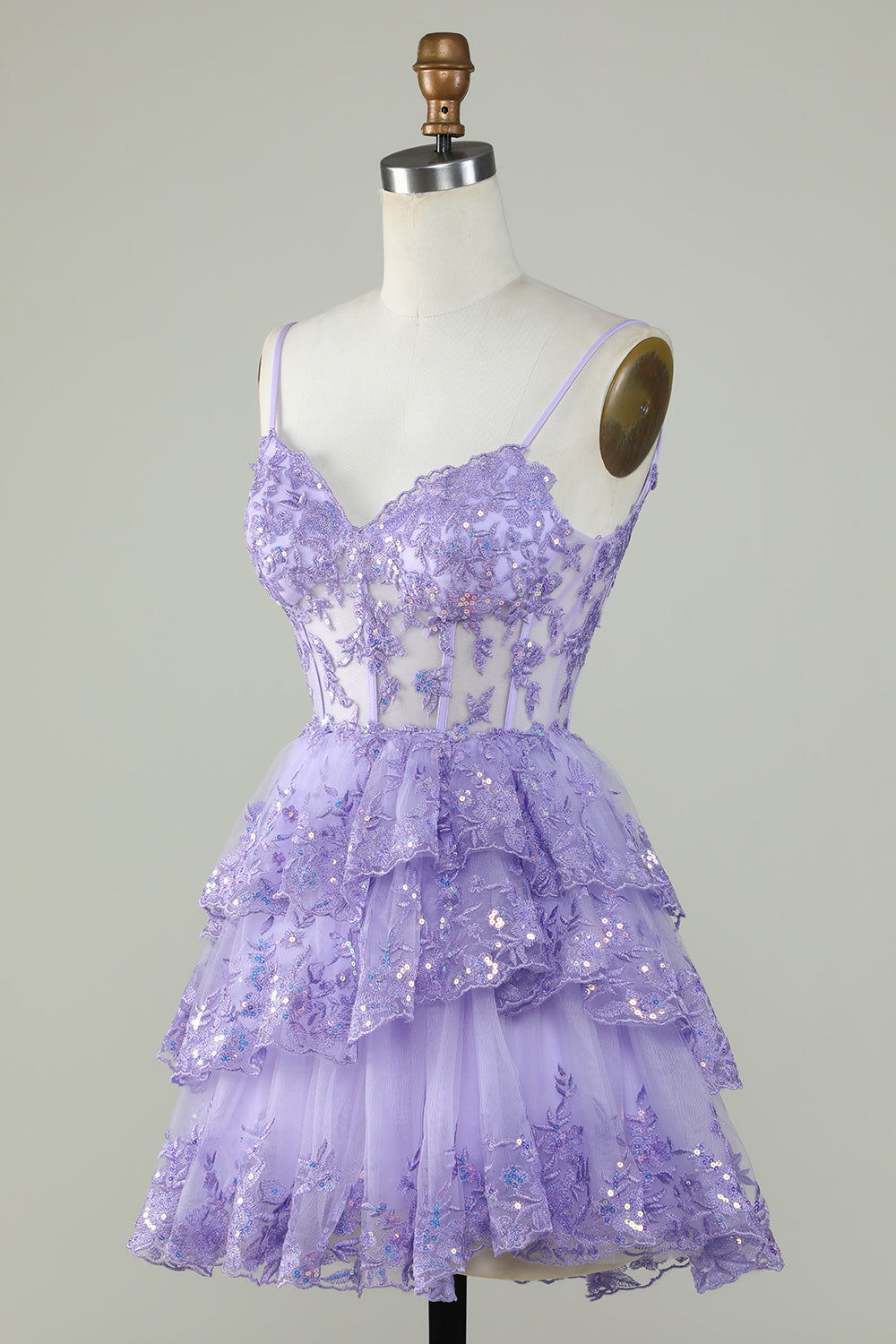 Glitter Lace Corset Ruffle Tiered Short Homecoming Dress in lavender