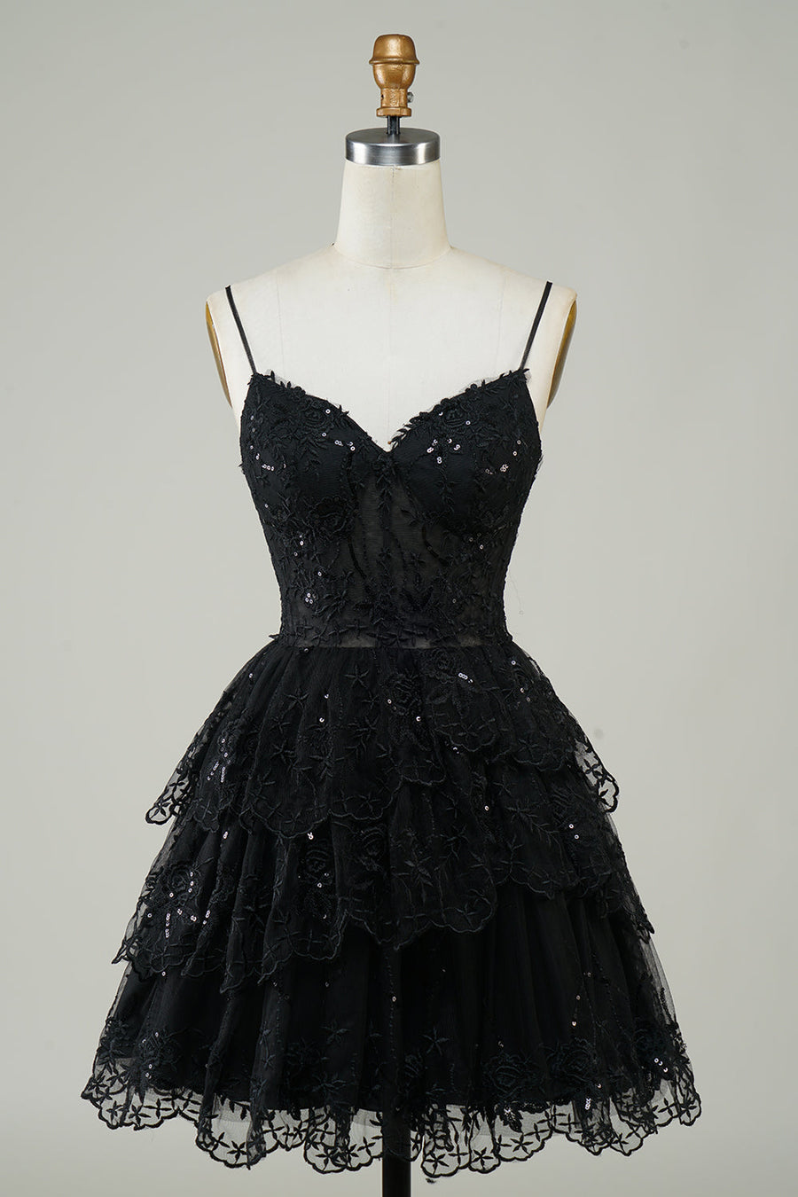 Glitter Lace Corset Ruffle Tiered Short Homecoming Dress in black