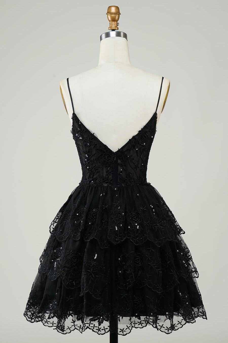 back of Glitter Lace Corset Ruffle Tiered Short Homecoming Dress in black