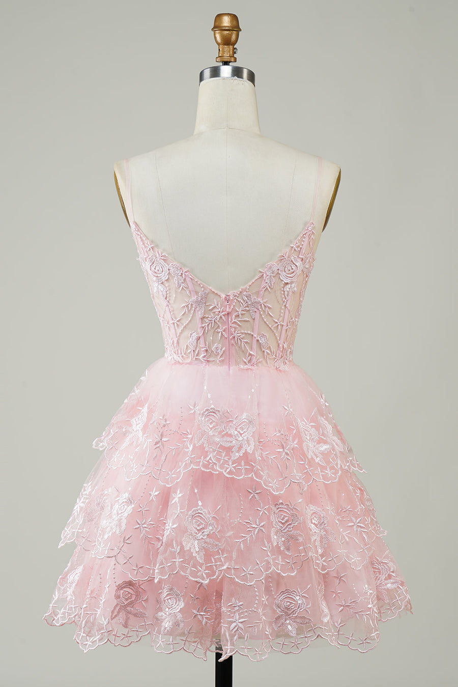 Glitter Lace Corset Ruffle Tiered Short Homecoming Dress in pink