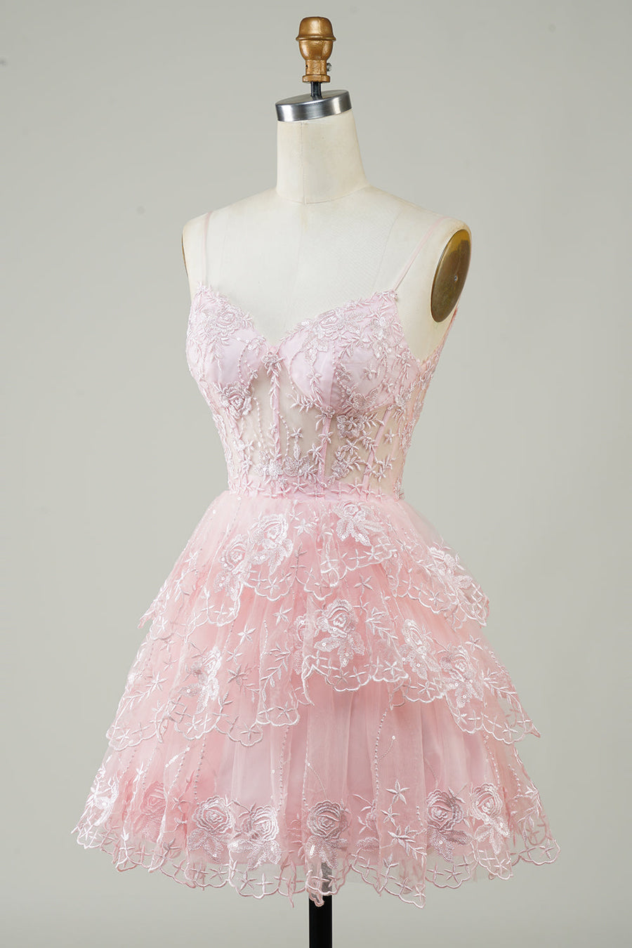 Glitter Lace Corset Ruffle Tiered Short Homecoming Dress in pink