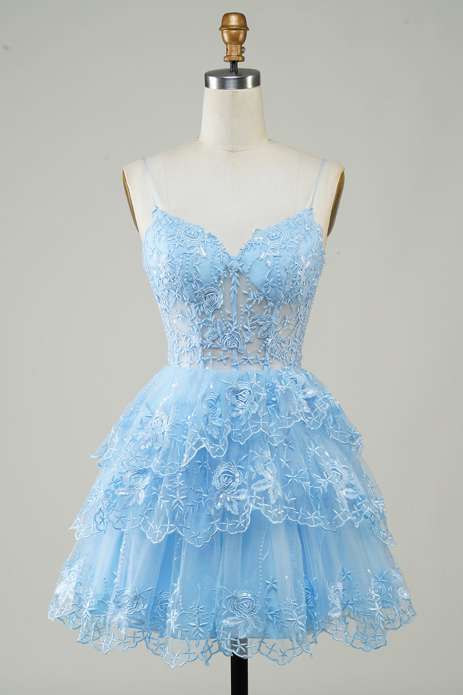 Glitter Lace Corset Ruffle Tiered Short Homecoming Dress in light blue