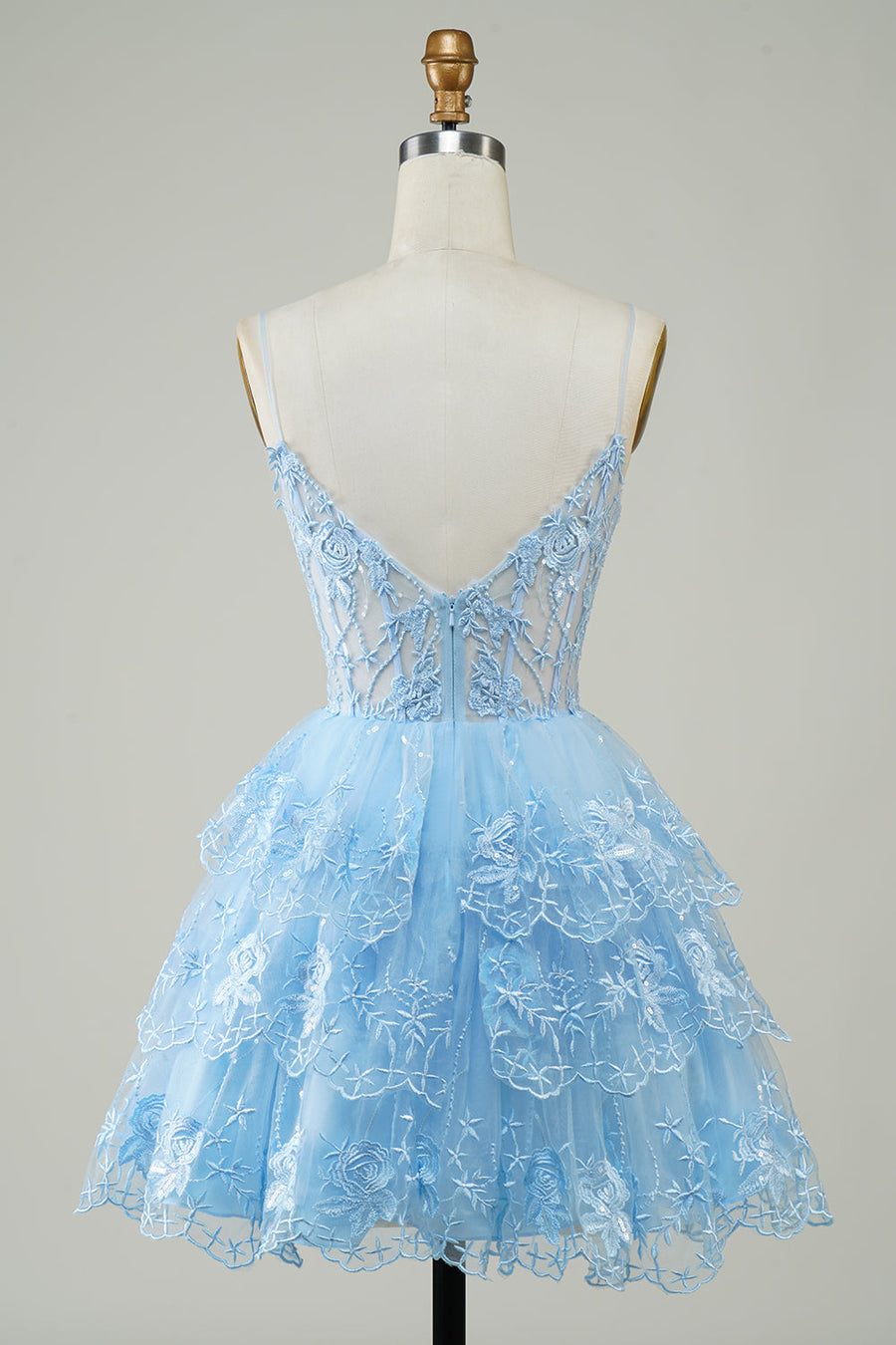 back of Glitter Lace Corset Ruffle Tiered Short Homecoming Dress in light blue