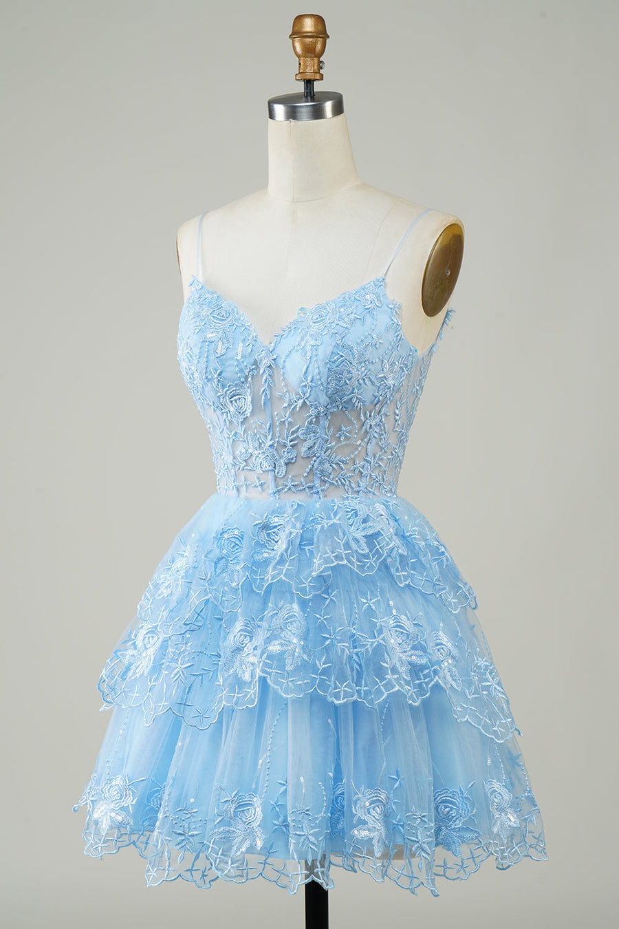 Glitter Lace Corset Ruffle Tiered Short Homecoming Dress in light blue