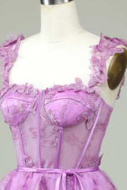 Magenta Butterfly Lace Corset A-Line Homecoming Dress