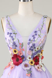 top of 3D Floral V-Neck Backless Homecoming Dress in Lavender