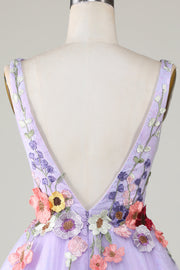 back of 3D Floral V-Neck Backless Homecoming Dress in Lavender