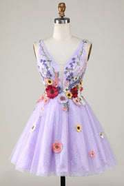 3D Floral V-Neck Backless Homecoming Dress in Lavender