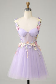 3D Floral Sweetheart Lace-Up Homecoming Dress in Lavender