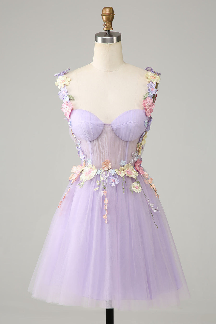 3D Floral Sweetheart Lace-Up Homecoming Dress in Lavender