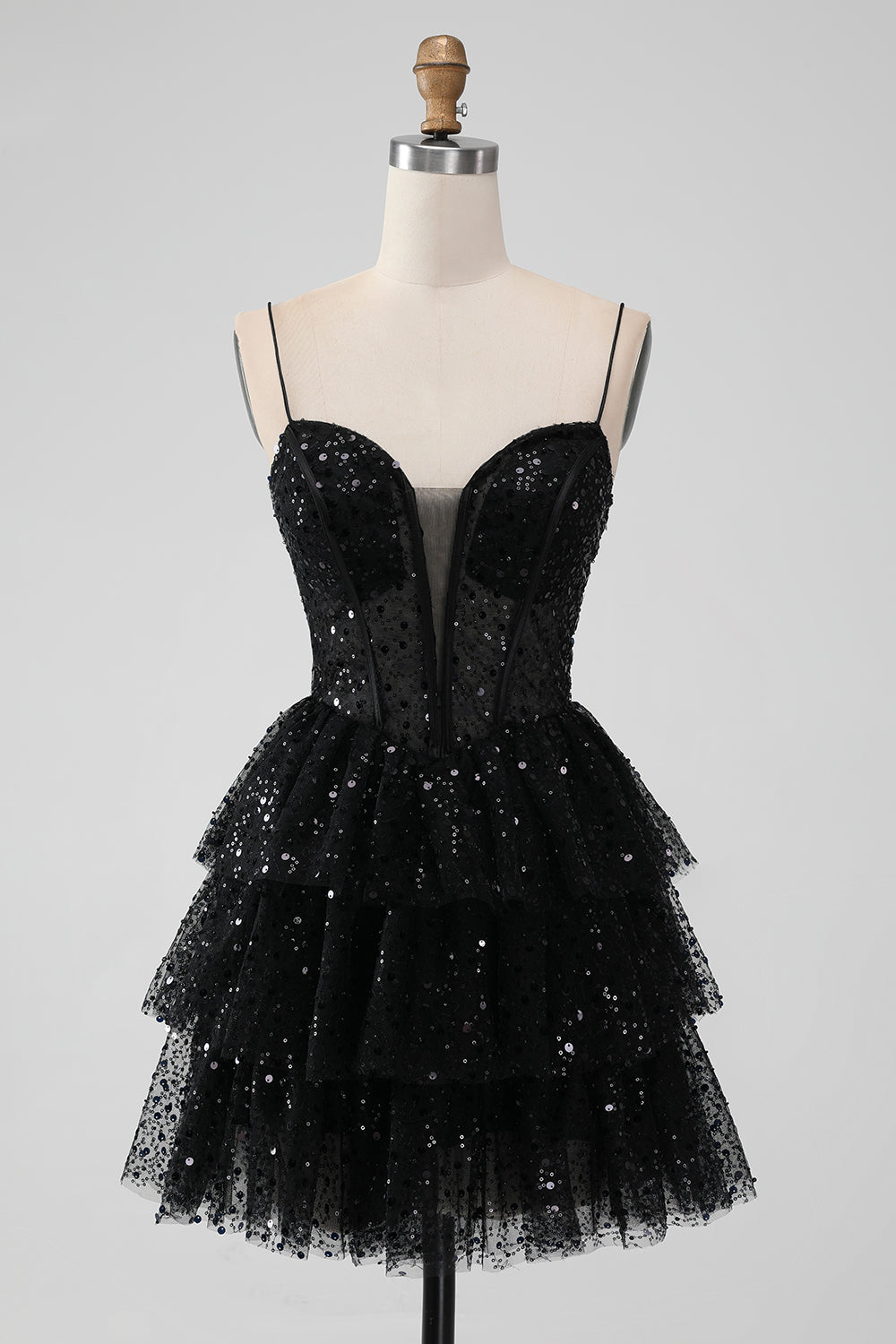 Black Tulle Sequin Ruffle Tiered Short Homecoming Dress