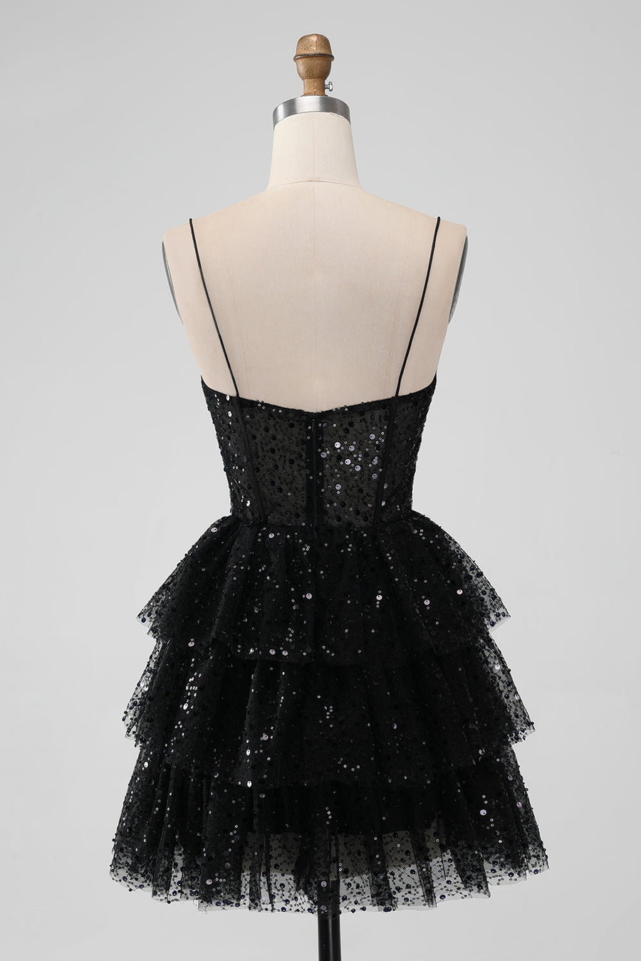Back of Black Tulle Sequin Ruffle Tiered Short Homecoming Dress