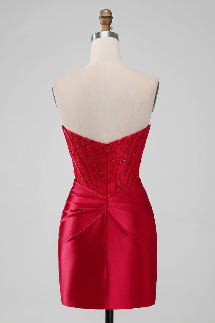 Strapless Lace Ruched Bodycon Short Homecoming Dress in red