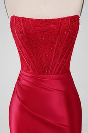 Strapless Lace Ruched Bodycon Short Homecoming Dress in red