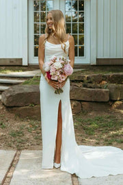 Satin Mermaid Sleeveless Side Slit Long Beach Wedding Dress