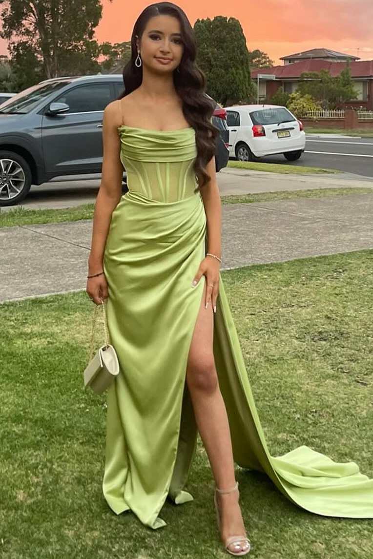 Strapless Mermaid Sleeveless Satin Pleated High Slit Long Prom Dress with Slit