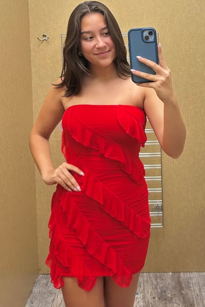 Red Strapless Ruffles Chiffon Bodycon Sleeveless Homecoming Dress