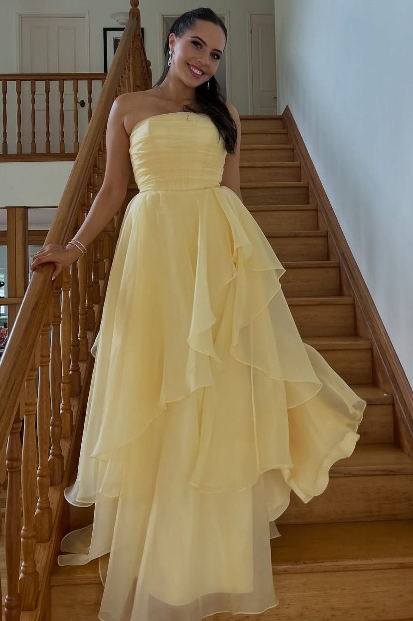 Yellow A-Line Strapless Ruffles Empire-Waist Sleeveless Prom Dress