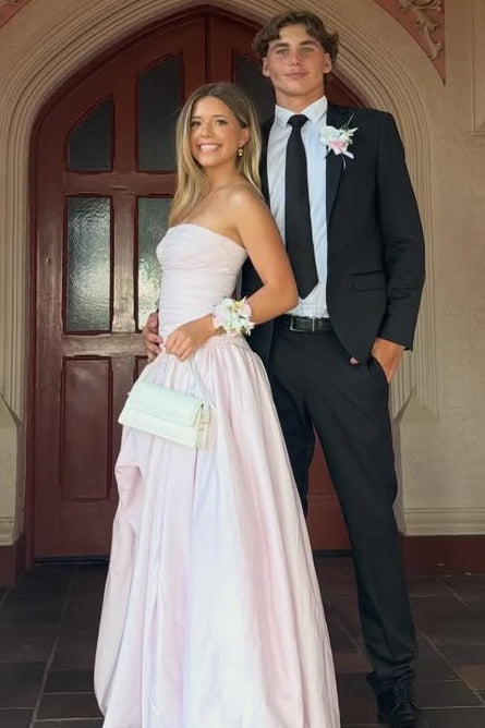 Classy Yellow A-Line Strapless Empire-Waist Satin Long Prom Dress with Slit