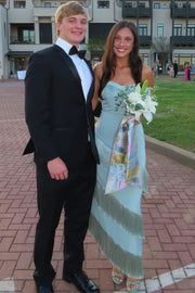 Black Strapless Tiered Tassel Sleeveless Long Prom Formal Dress