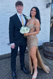 Stunning Off-Shoulder Beads V-Neck Sequins Prom Dress with Slit