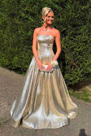 Gold A-Line Strapless Metallic Empire-Waist Pleated Long Prom Dress