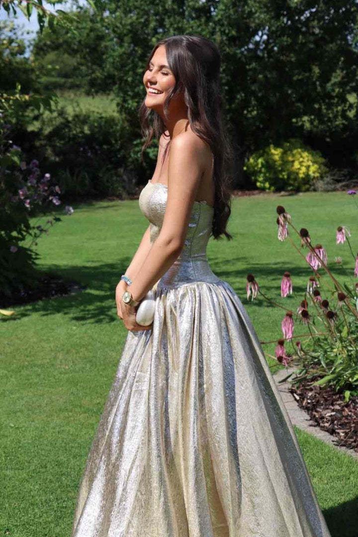 Gold A-Line Strapless Metallic Empire-Waist Pleated Long Prom Dress