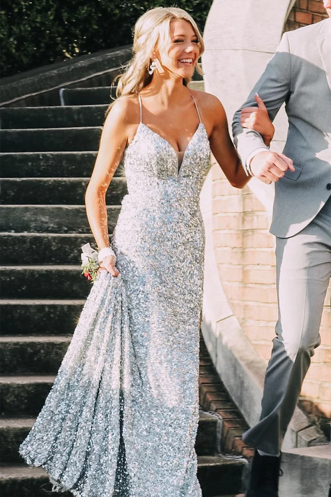 Sequined Sparkly Spaghetti Straps V-Neck Long Prom Formal Dress