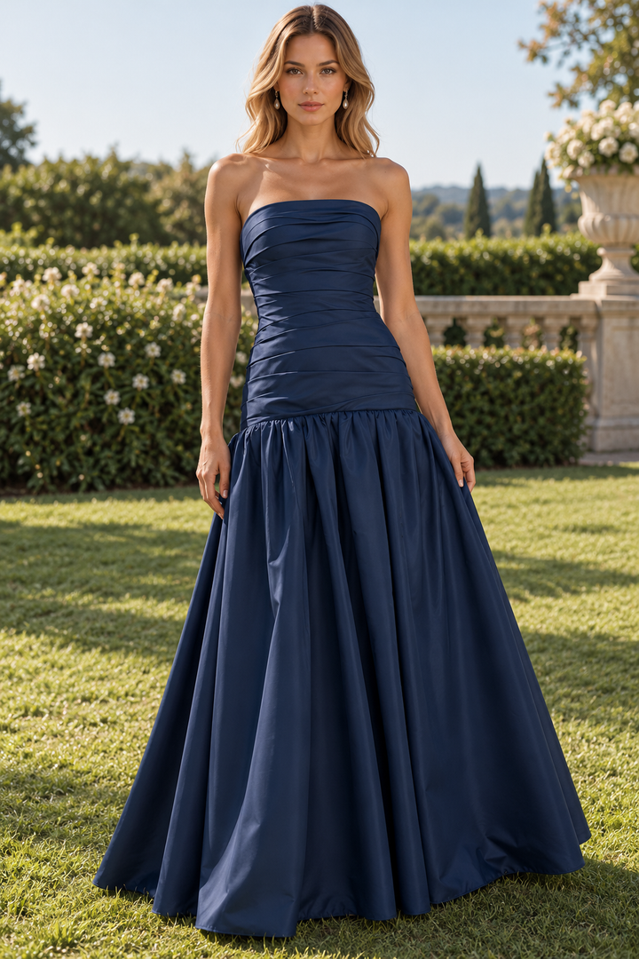 Simple A-Line Strapless Scoop Neck Pleats Satin Long Prom Formal Dress