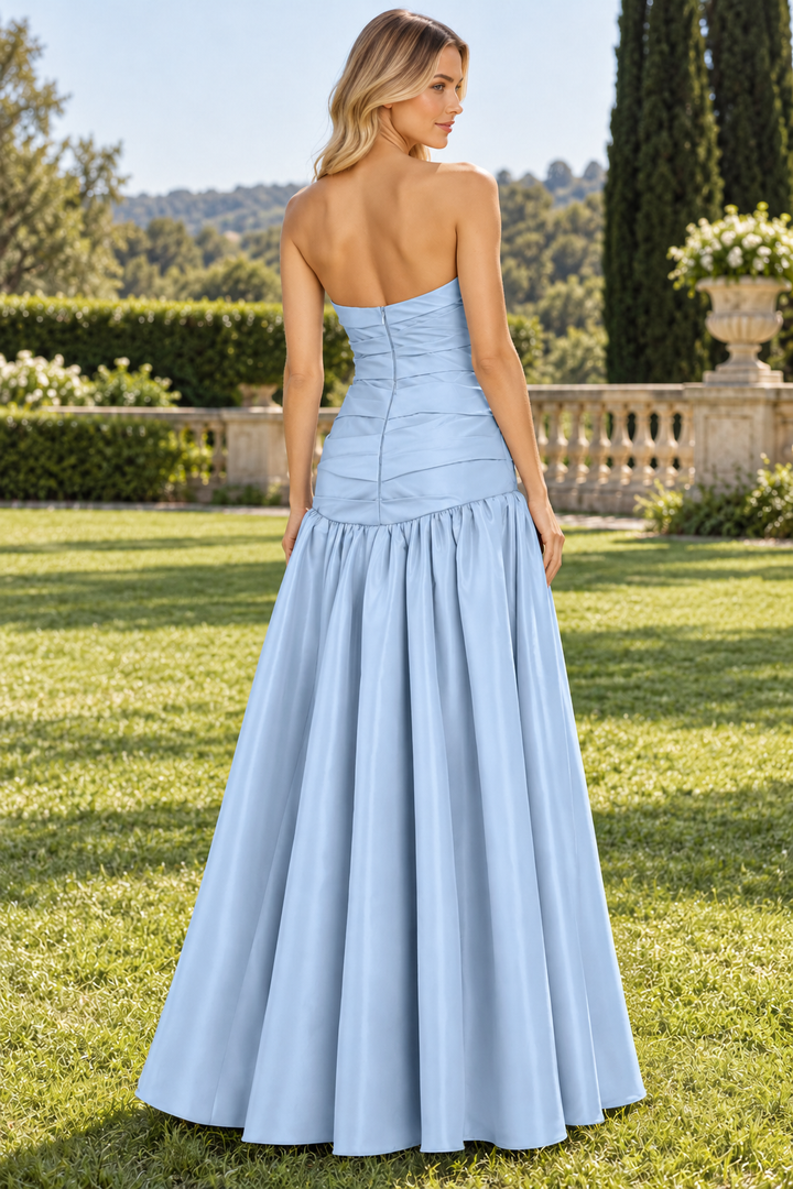 Simple A-Line Strapless Scoop Neck Pleats Satin Long Prom Formal Dress