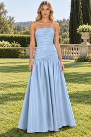 Simple A-Line Strapless Scoop Neck Pleats Satin Long Prom Formal Dress