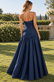 Simple A-Line Strapless Scoop Neck Pleats Satin Long Prom Formal Dress