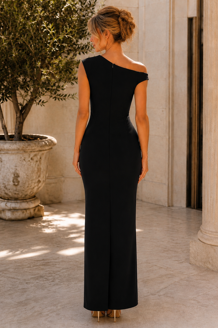 Simple One Shoulder Satin Pleats Sleeveless Column Prom Evening Dress