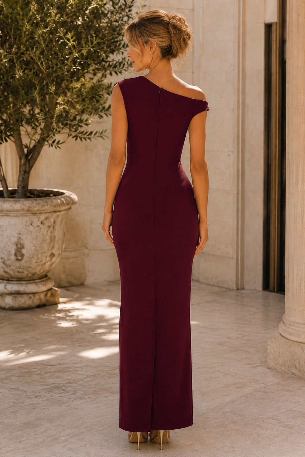 Simple One Shoulder Satin Pleats Sleeveless Column Prom Evening Dress