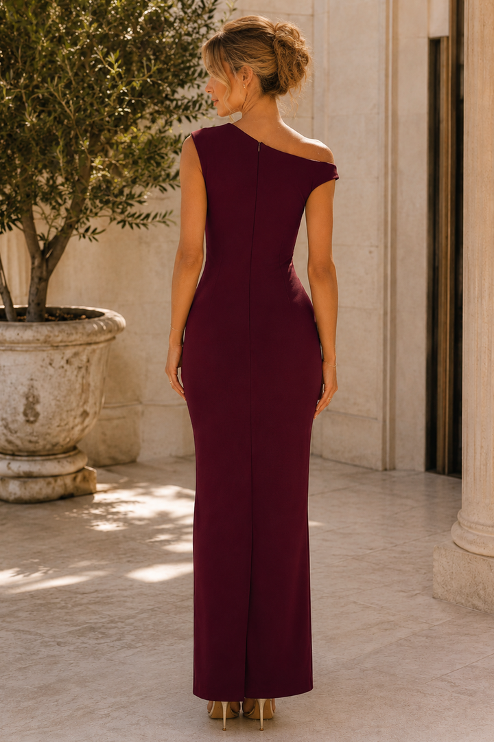 Simple One Shoulder Satin Pleats Sleeveless Column Prom Evening Dress