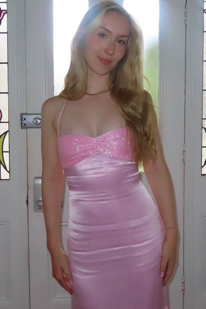 Sheath Lace-Up Spaghetti Straps V-Neck with Sequins Prom Party Dress