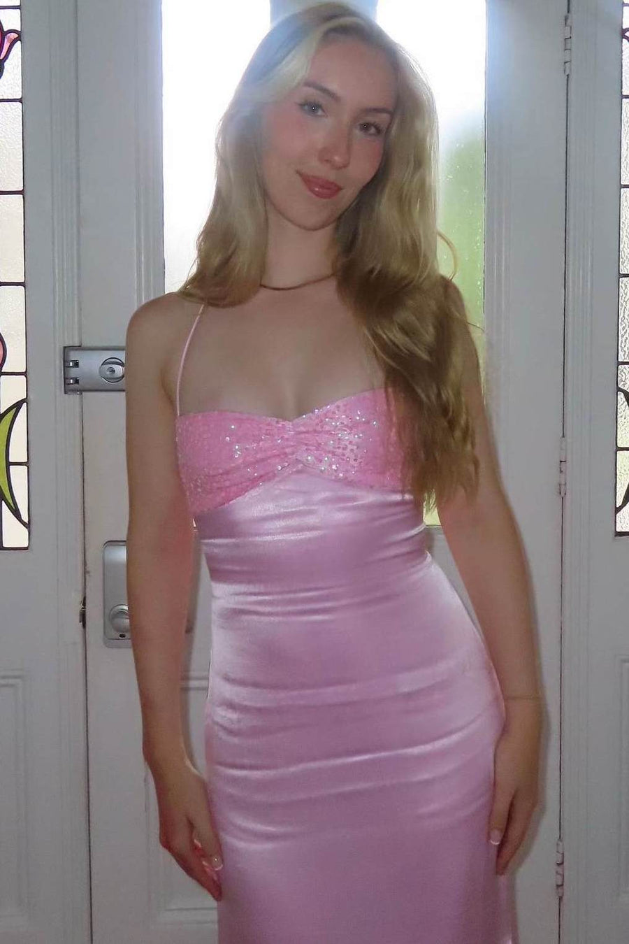 Sheath Lace-Up Spaghetti Straps V-Neck with Sequins Prom Party Dress