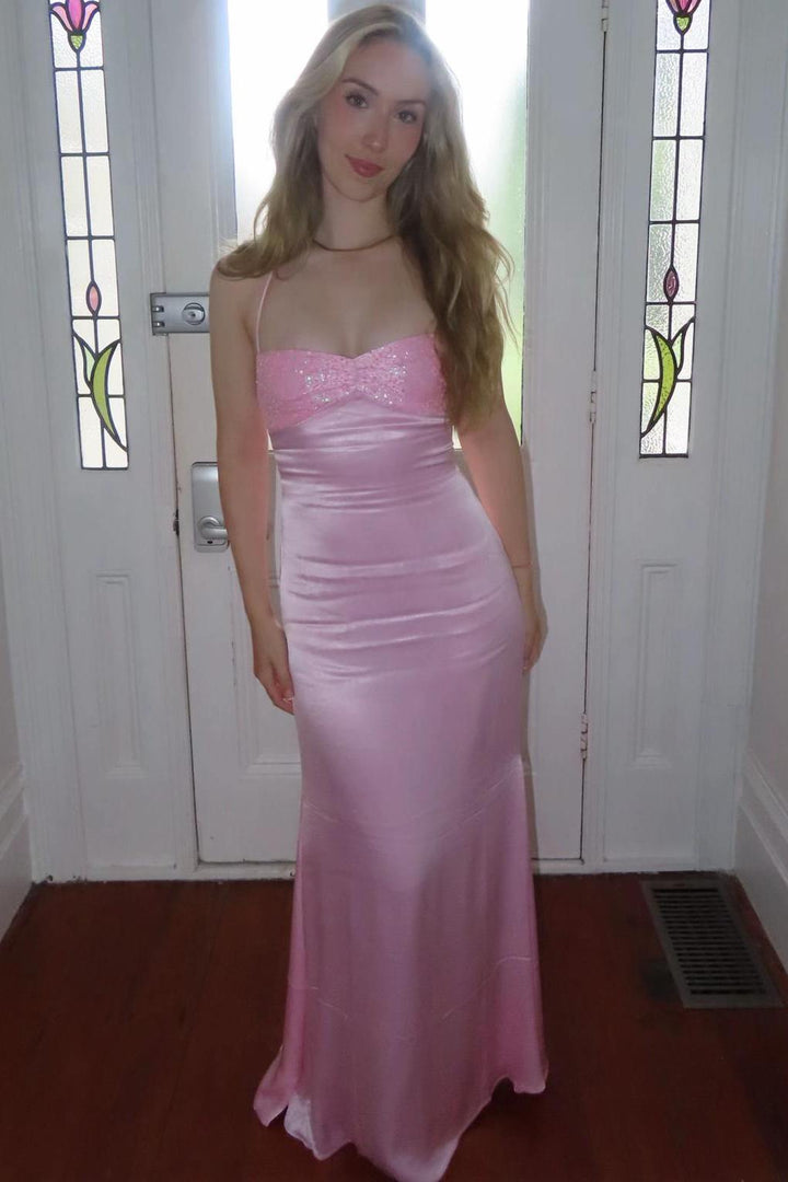 Sheath Lace-Up Spaghetti Straps V-Neck with Sequins Prom Party Dress