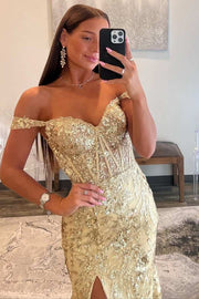 Off-the-Shoulder Sequin Lace Mermaid Long Dress with High Slit