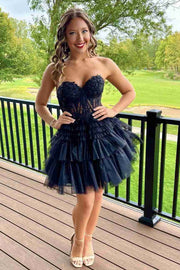 Strapless Tulle Sweetheart Tiered A-Line Short Homecoming Dress with Ruffles