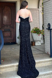 Black Strapless V-Neck Beads Sequined Formal Prom Dress with Slit