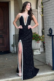 Black Strapless V-Neck Beads Sequined Formal Prom Dress with Slit