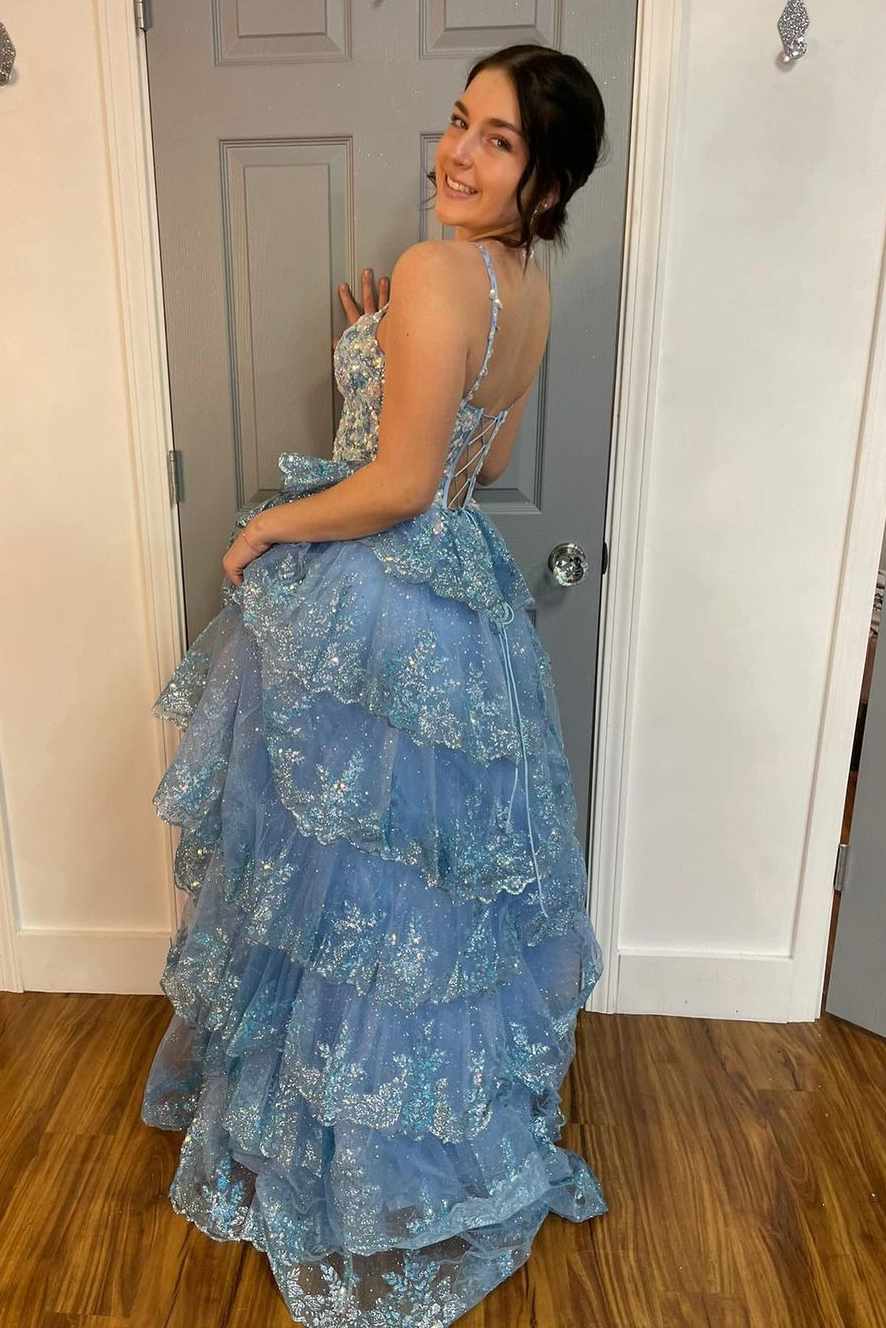 A-Line Tulle Sequin Spaghetti Strap Ruffle Tiered Long Gown with Slit Modsele A-Line Tulle Sequin Spaghetti Strap Ruffle Tiered Long Gown with Slit Modsele