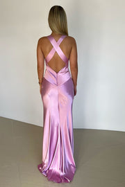 Chic Straps V-Neck Pleated Sleeveless Satin Long Prom Dress with Slit