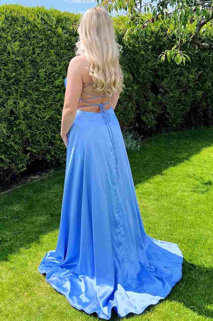 A-Line Spaghetti Straps Satin Lace-Up Pleated Long Prom Dress